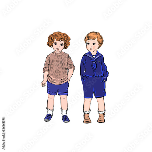 Two boys standing together, child in school blue uniform, guy in sweater and shorts