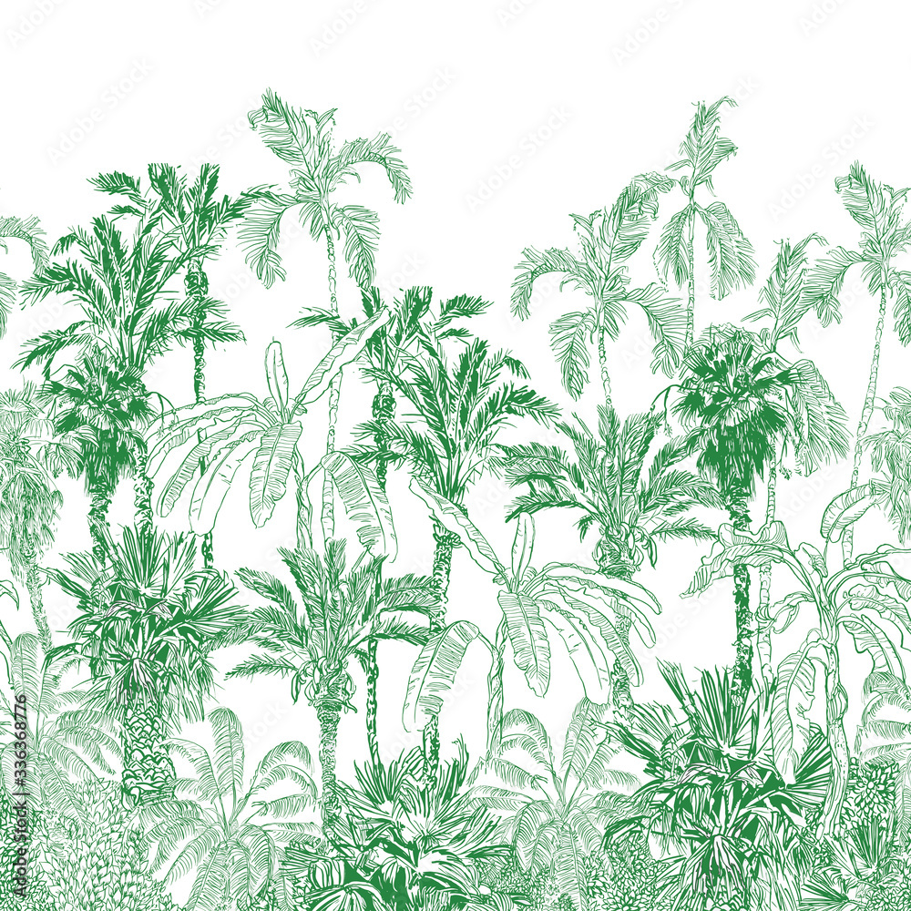 Double Level Seamless Border Vintage Etching Tropical Jungle Pattern Green, Panorama Tropics Palm Trees, Exotic Trees Wallpaper Mural, Tropical Back Drop