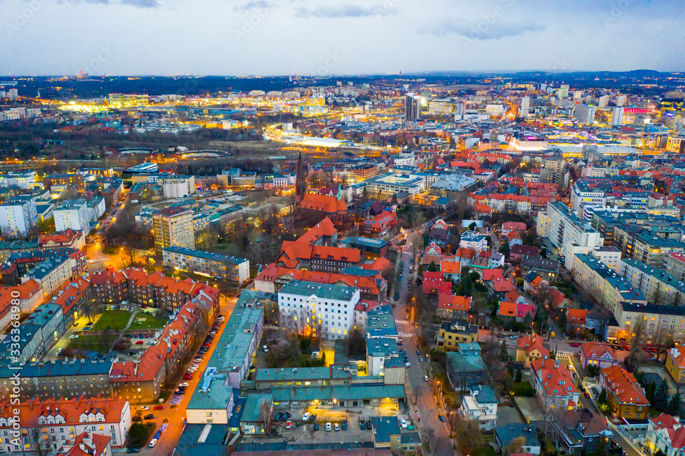 View from drone of Katowice cityscape at twilight