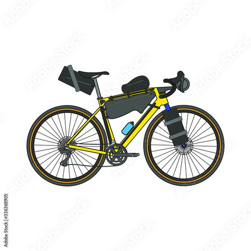 Touring bike vector illustration with saddlebag, frame bag and handlebar bag. Gravel bicycle.