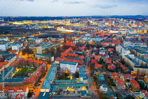 View from drone of Katowice cityscape at twilight