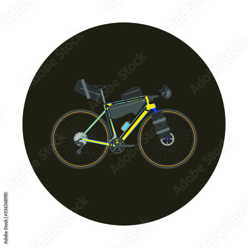 Touring bike vector illustration with saddlebag, frame bag and handlebar bag. Gravel bicycle.