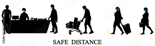 Buyers in queue at the cash of store, keep safe distance. Vector illustration