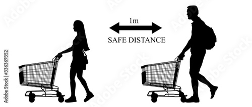 Buyers with carts, keep safe distance 1m because of COVID-19. Vector illustration.