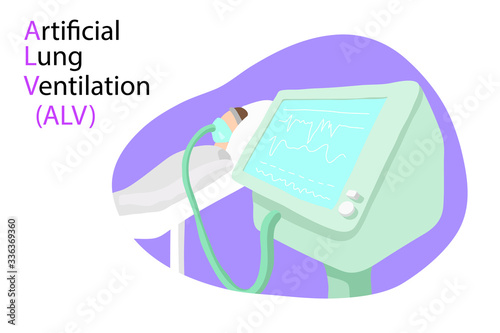 An artificial lung ventilation apparatus against which the patient lies and breathes using this apparatus. VECTOR illustration of a person with lung disease (coronavirus, pneumonia) and AVL connected