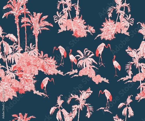 Wallpaper Mural Red Cranes in Tropical Jungles with Palms and Exotic Trees, Lithography Chinese Design Exotic Wildlife in Tropics, Red on Navy Blue Background Torontodigital.ca