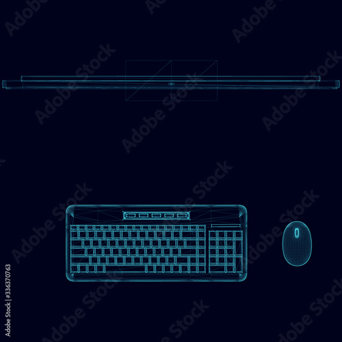 Computer wireframe made of blue lines on a dark background. Monitor, keyboard and mouse. View from above. Vector illustration