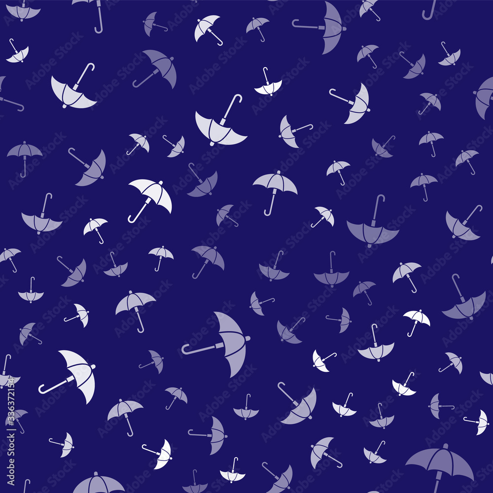 Fototapeta White Classic elegant opened umbrella icon isolated seamless pattern on blue background. Rain protection symbol. Vector Illustration