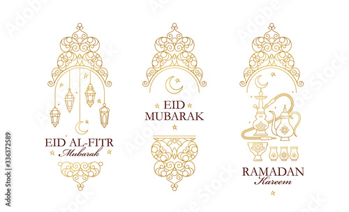 Vector set Ramadan Kareem, Eid Mubarak, Eid al-Fitr Mubarak greeting card. Ramadan wishing.