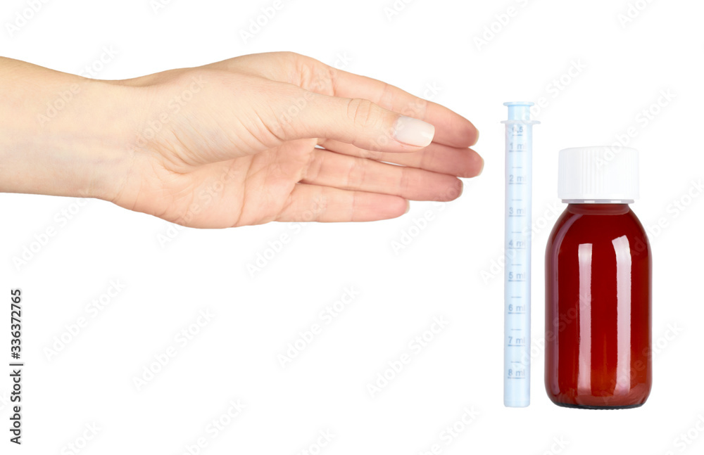 Child antipyretic syrup in glass bottle.