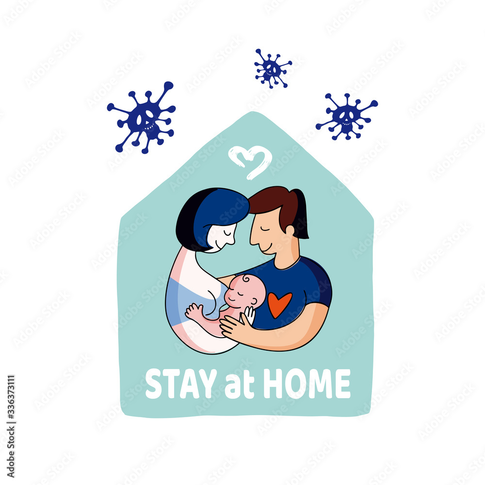 Icon Let’s stay home. Family in the house. Linear style logo for mobile concept and web design. Flat symbol illustration. Business concept with text. Virus molecules outside around Icon Let’s stay home. Family in the house. Linear style logo for mobile concept and web design. Flat symbol illustration. Business concept with text. Virus molecules outside around