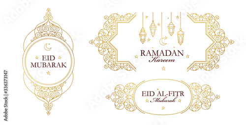 Vector set Ramadan Kareem, Eid Mubarak, Eid al-Fitr Mubarak greeting card. Ramadan wishing.
