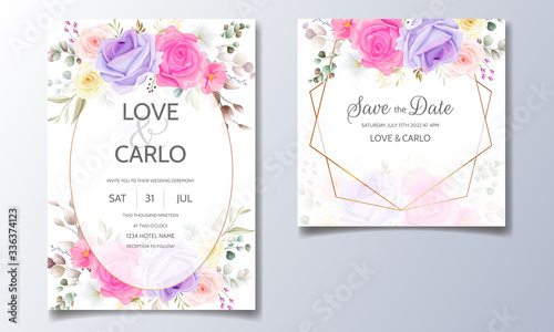 Wedding invitation card template set with beautiful floral leaves