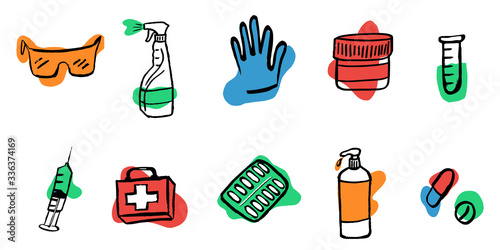 Medication, pharmaceutics concept. Vector illustration Medicine, pharmacy. Various meds set is protected against disease and drug prevention. Background. Wallpaper