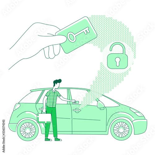 Keycard scan thin line concept vector illustration. Man opening car with electronic key 2D cartoon character for web design. Vehicle keyless lock authentication system creative idea