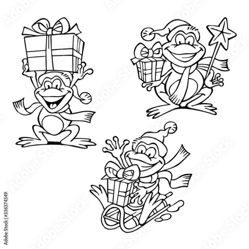 Frogs with Santa hat and scarf with xmas presents on sledge and with magic wand  christmas motifs  black and white cartoon set