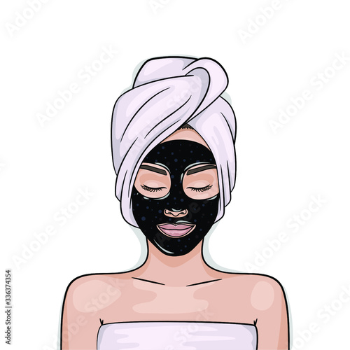 Woman has a beauty mask on her face. black peel off mask. Acne Pore Cleaning Salon Treatment. Blackhead Removal. Purifying Facial Masks. Natural Activated Charcoal. Isolated vector illustration