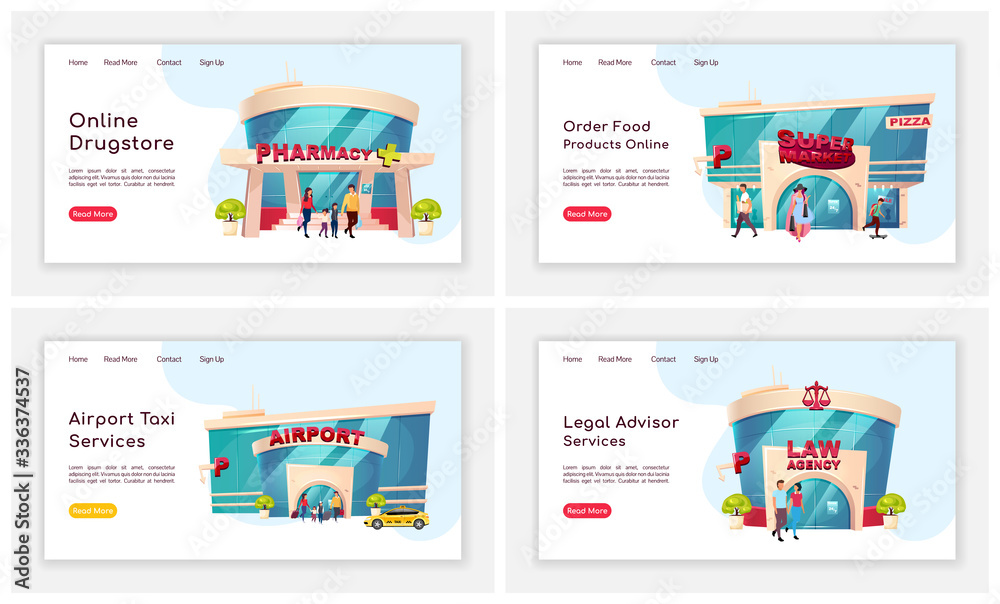 Shop front landing page flat color vector template set. Online pharmacy homepage layout. Airport taxi service one page website interface with cartoon illustration. Legal advisor web banner, webpage