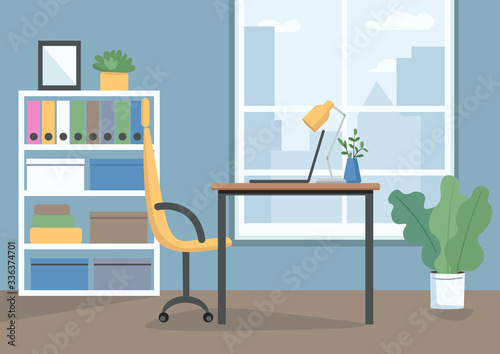 Home workplace flat color vector illustration. Personal workspace with laptop. Working space for freelancing, outsourcing. Empty business office 2D cartoon interior with window on background