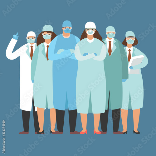 Coronavirus doctor nurse medic wear medical protection mask safety standing together characters group flat design vector illustration