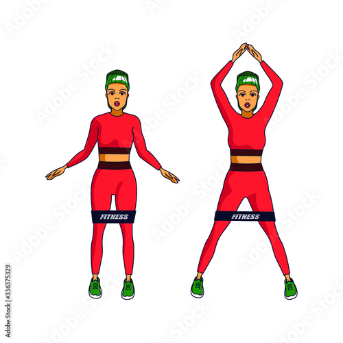 woman working out with resistance band loop. Exercises for legs and buttocks. strength training routine at home or in gym. fitness equipment. isolated vector illustration on white