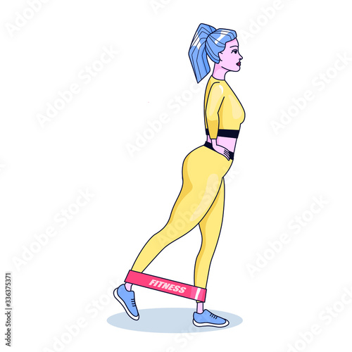 woman working out with resistance band loop. Exercises for legs and buttocks. strength training routine at home or in gym. fitness equipment. isolated vector illustration on white