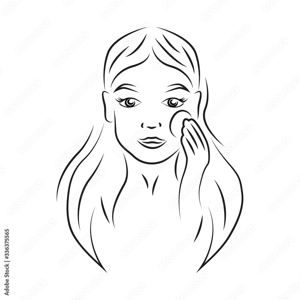 Woman holding cotton pad contour portrait vector illustration. Girl smiling face realistic line art. Lady taking make up off, using toner lotion outline character on white background Woman holding cotton pad contour portrait vector illustration. Girl smiling face realistic line art. Lady taking make up off, using toner lotion outline character on white background