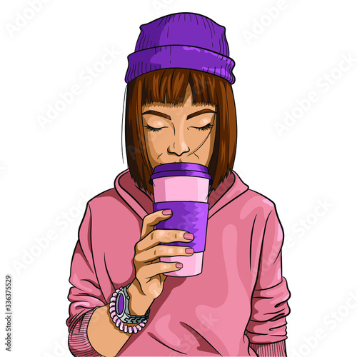 teenage girl holding a paper cup of coffee. Drinks it or smells the aroma. Young woman enjoying her drink. dressed in warm clothes and a hat. coffee to go. Isolated vector illustration