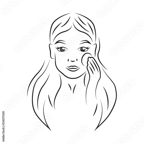 Woman holding cotton pad contour portrait vector illustration. Girl smiling face realistic line art. Lady taking make up off, using toner lotion outline character on white background