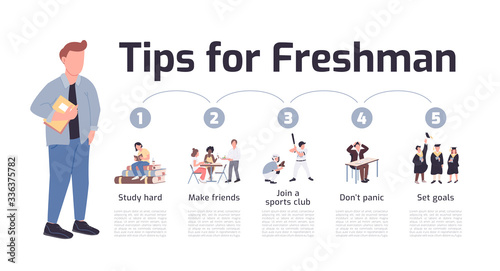 Tips for freshman flat color vector informational infographic template. Student lifestyle poster, booklet, PPT page concept design with cartoon characters. Advertising flyer, leaflet, info banner idea photo