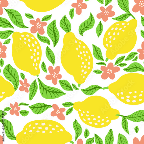 Lemon fruit pattern. Seamless summer citrus pattern with lemons, leaves and blossom flower. Vector illustration.