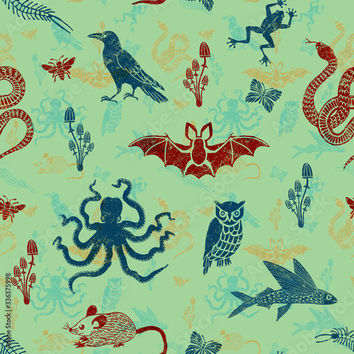 Wallpaper Mural Seamless pattern with animals and insects illustration for halloween in old style Torontodigital.ca