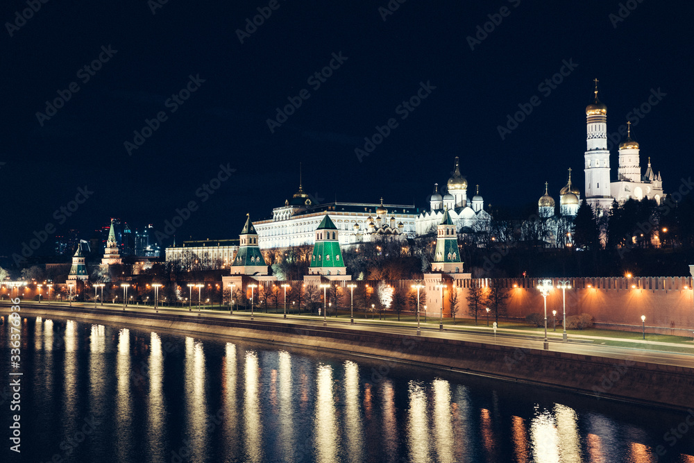 Night view of Kremlin and the embankment, which are absolutely empty due to a quarantine