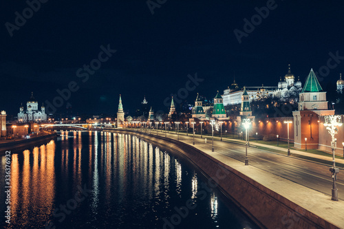 Night view of Kremlin and the embankment, which are absolutely empty due to a quarantine