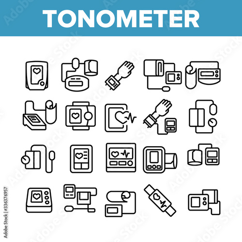 Tonometer Equipment Collection Icons Set Vector. Tonometer Medical Device For Measuring Blood Pressure, Mechanical And Electronic Tool Concept Linear Pictograms. Monochrome Contour Illustrations