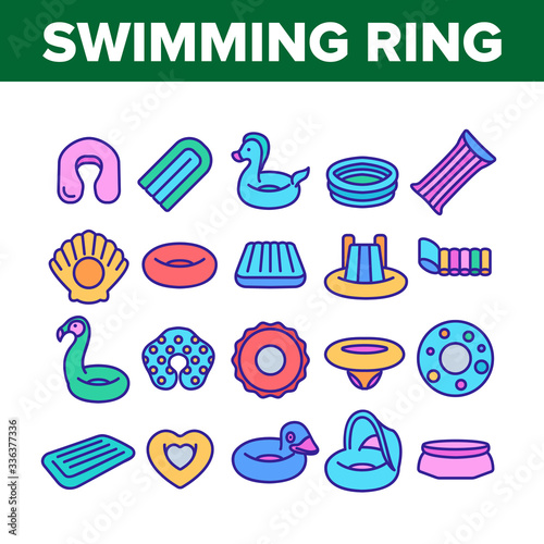 Swimming Ring And Pool Mattress Icons Set Vector. Swimming Ring In Different Form, Duck And Donut, Heart And Shell, Horse And Flamingo Concept Linear Pictograms. Color Illustrations