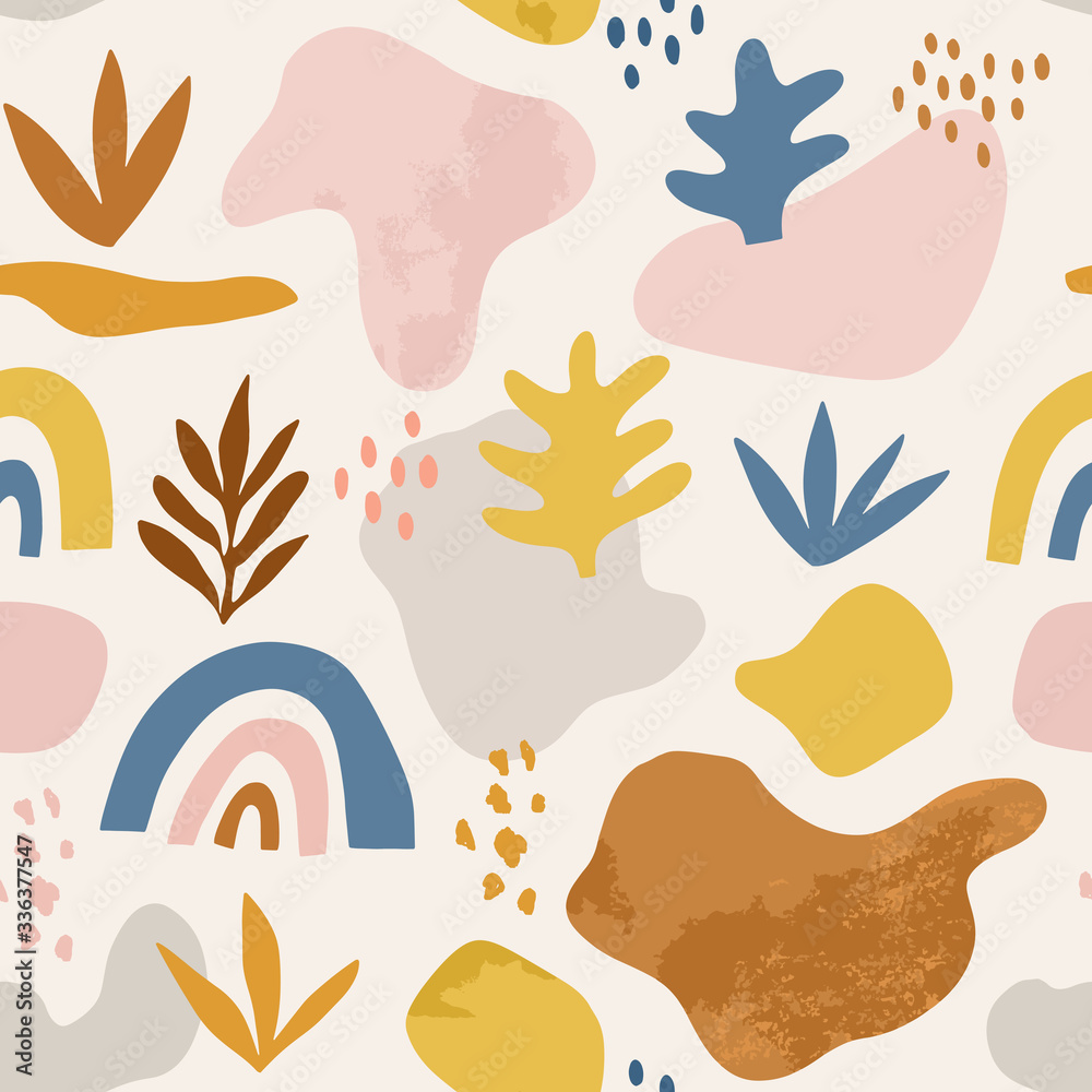 Seamless childish pattern with hand drawn abstract shapes, leaves and rainbows. Tropical summer, trendy, scandinavian kids fabric, wrapping texture, textile, wallpaper, poster, apparel. Seamless childish pattern with hand drawn abstract shapes, leaves and rainbows. Tropical summer, trendy, scandinavian kids fabric, wrapping texture, textile, wallpaper, poster, apparel.