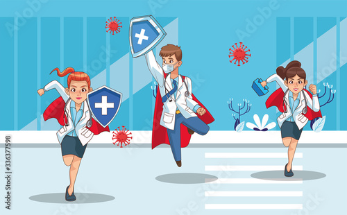 super doctors staff with hero cloak vs covid19 on the city