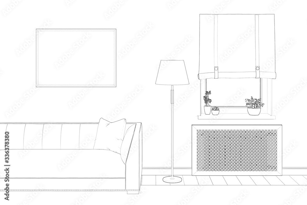 Sketch of the cozy room with plants on the window, window blinds, heating screen, horizontal poster above a sofa with a pillow, a floor lamp next to it. Front view. 3d render Sketch of the cozy room with plants on the window, window blinds, heating screen, horizontal poster above a sofa with a pillow, a floor lamp next to it. Front view. 3d render