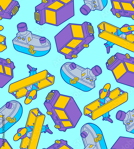 Toy transport cartoon style pattern seamless. Car and Plane, Steamboat. Auto and Ship, aircraft Kids Style background.  Baby fabric texture. vector ornament