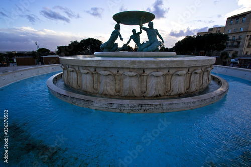 Scenic view of the Tritons’ Fountain located on the periphery of the City Gate of Valletta, Malta
