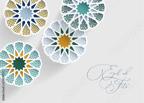 Ornamental arabic tiles, patterns through white cut out stars, long shadows. Greeting card, invitation for Muslim holiday Ramadan Kareem, Eid ul Adha. Modern vector illustration bacground, web banner.