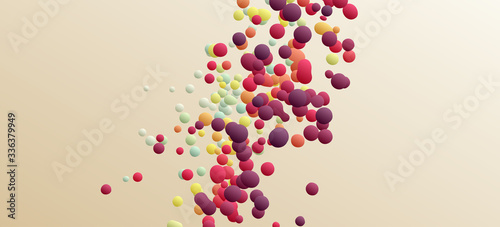 Many flying spheres of different sizes in empty space. Abstract background. 3d vector illustration.