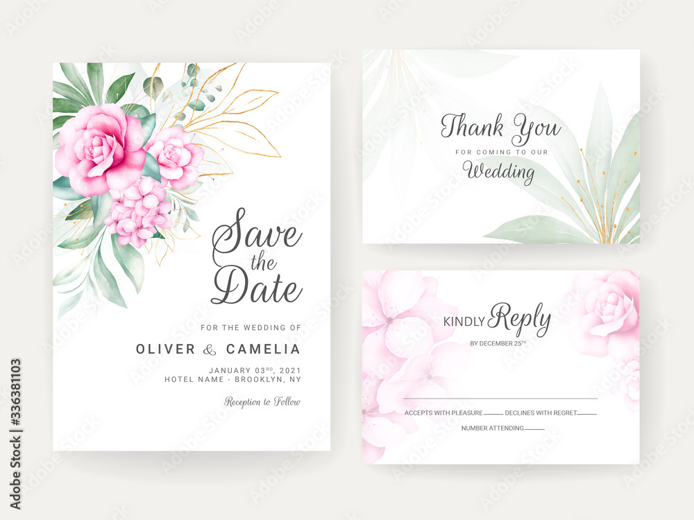 Wedding invitation card template set with watercolor floral decorations. Flowers arrangements for save the date, greeting, rsvp, thank you, poster. Botanic illustration vector