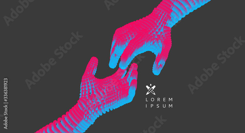 Hands reaching towards each other. Concept of human relation, togetherness or  partnership. Connection structure. 3D vector illustration.