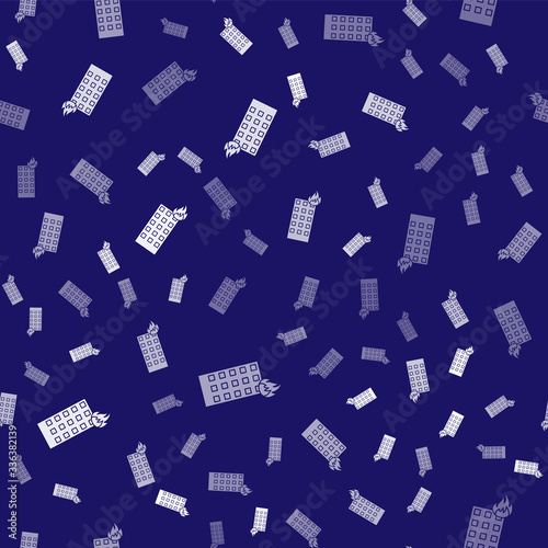 White Fire in burning building on city street icon isolated seamless pattern on blue background. Vector Illustration
