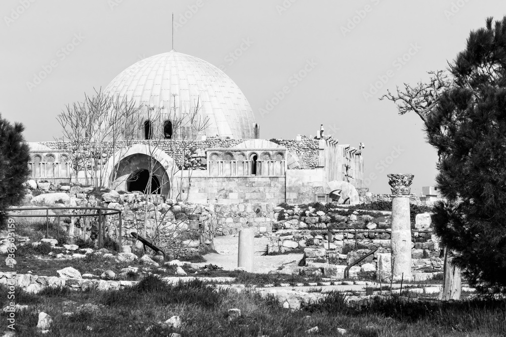 Umayyad Palace on top of the Amman Citade Hill, black and white, Jordan