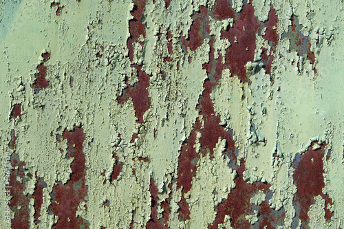 Green rust metal decayed crumpled sheet wide background.