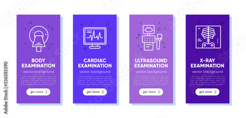 Vector template for clinic, laboratory, medicine. Medical equipment, tools,  outline icons. Science, microbiology, virology study, immune system, genetics analysis. Card, label, visit card, banner.