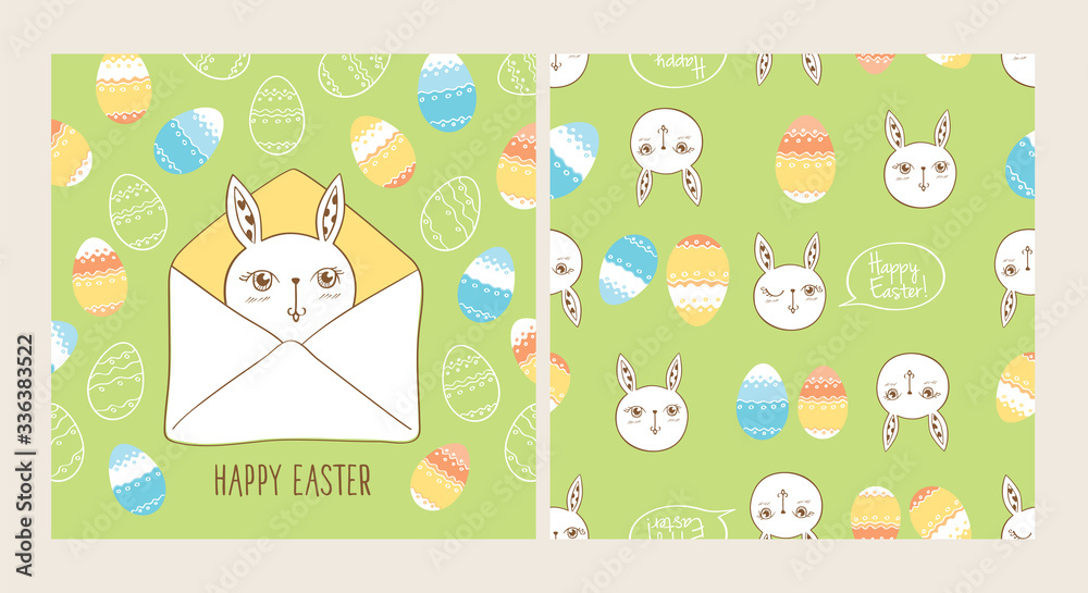Happy Easter card and seamless pattern with cute bunny. Background for textile, fabric manufacturing, wallpaper, covers, surface, gift wrap, scrapbooking. Vector illustration.